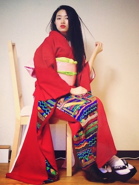 「アイテム（水着/着物・浴衣、レッド系）」を使った、Konomi Naitouさん（レディース・160cm）の冬コーディネート