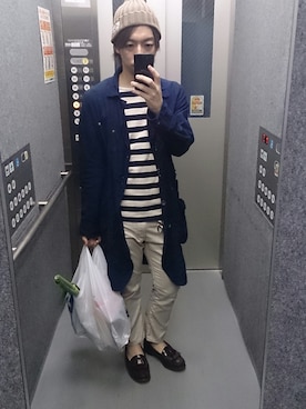 「青×白」｜「アイテム（その他アウター）」を使った、カジオさん（メンズ・168cm）の春コーディネート
