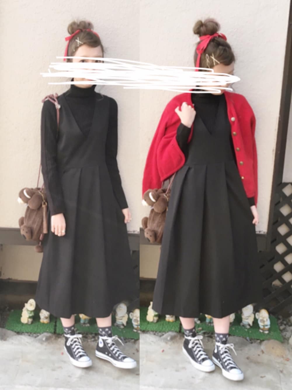 「ブラックコーデ、KBF、ワンピース、タートルネック、おだんごヘアー、カーディガン、古着、ハイカットスニーカー」｜「WEGOのWEGO/ワイドリブタートルネックニット（ニット/セーター、ブラック系）」を使った、sumika .さん（レディース・164cm）の冬コーディネートの1枚目の写真