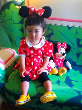 「ママ作のアイテム（ワンピース、レッド系）」を使った、Rin Koizumiさん（キッズ）の夏コーディネート