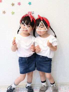 「GLOBAL WORK（グローバルワーク）の【キッズ】フリンジＴ－半袖/709743（Tシャツ/カットソー、ホワイト系）」を使った、yotsubaさん（キッズ・100cm）の春コーディネート