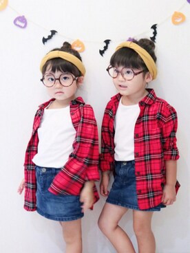 「UNIQLO（ユニクロ）のアイテム（シャツ/ブラウス、レッド系）」を使った、yotsubaさん（キッズ・100cm）の秋コーディネート