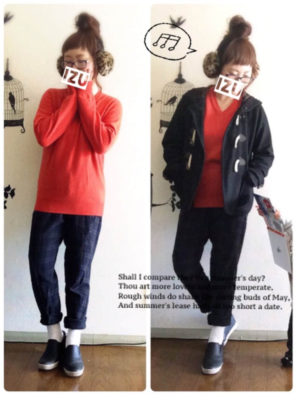 「Vネックニット、イヤーマフ、ヒール×靴下、カシミヤ、ダッフルコート、レオパード柄」｜「UNIQLOのカシミヤニット♡（ニット/セーター、オレンジ系）」を使った、Su,Um,Riさん（レディース・154cm）の冬コーディネートの1枚目の写真
