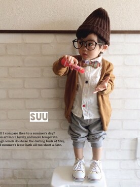「白いスニーカー」｜「アイテム（ニットキャップ/ビーニー）」を使った、Su,Um,Riさん（キッズ・80cm）の春コーディネート