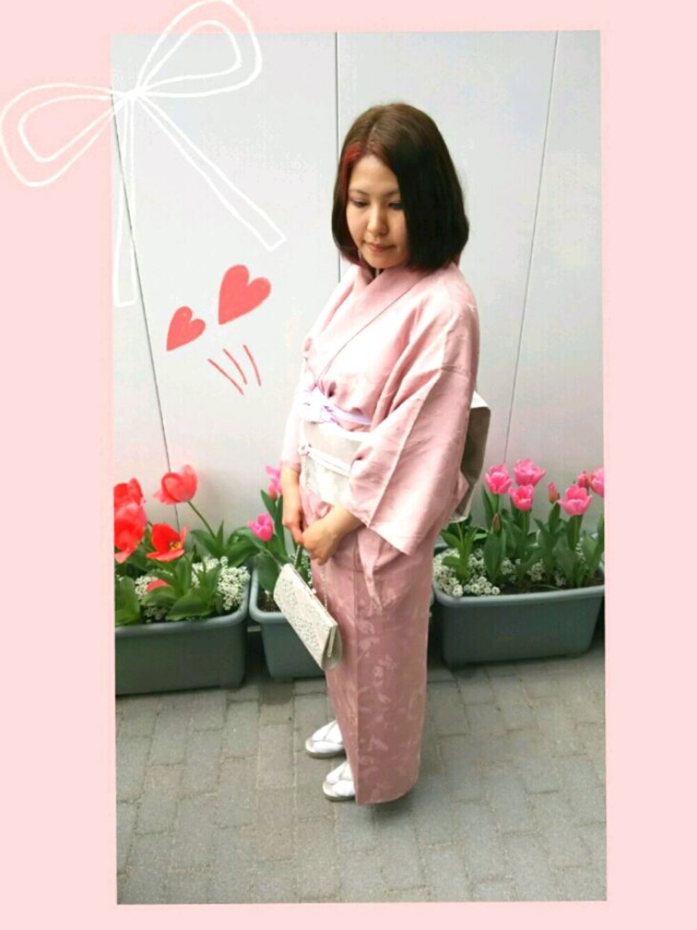 「入学式、きもの、和装、フォーマル、セレモニー、ママコーデ、ピンク、シルバー」｜「おばあちゃんからの頂きものの着物 帯 和装小物全て（浴衣、ピンク系）」を使った、黒蜜さん（レディース・154cm）の春コーディネートの1枚目の写真
