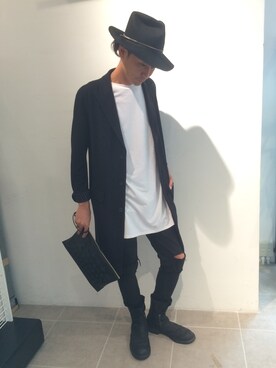 「L.H.P（エルエイチピー）のDankeSchon/ダンケシェーン/Damage Skinny Pants（Pants、ブラック系）」を使った、GO HAMAGUCHIさん（メンズ・184cm）の秋コーディネート
