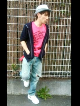 「古着のアイテム（Tシャツ/カットソー、レッド系）」を使った、たっきーさん（メンズ・167cm）の春コーディネート