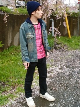 「古着のアイテム（その他パンツ、ブラック系）」を使った、たっきーさん（メンズ・167cm）の春コーディネート
