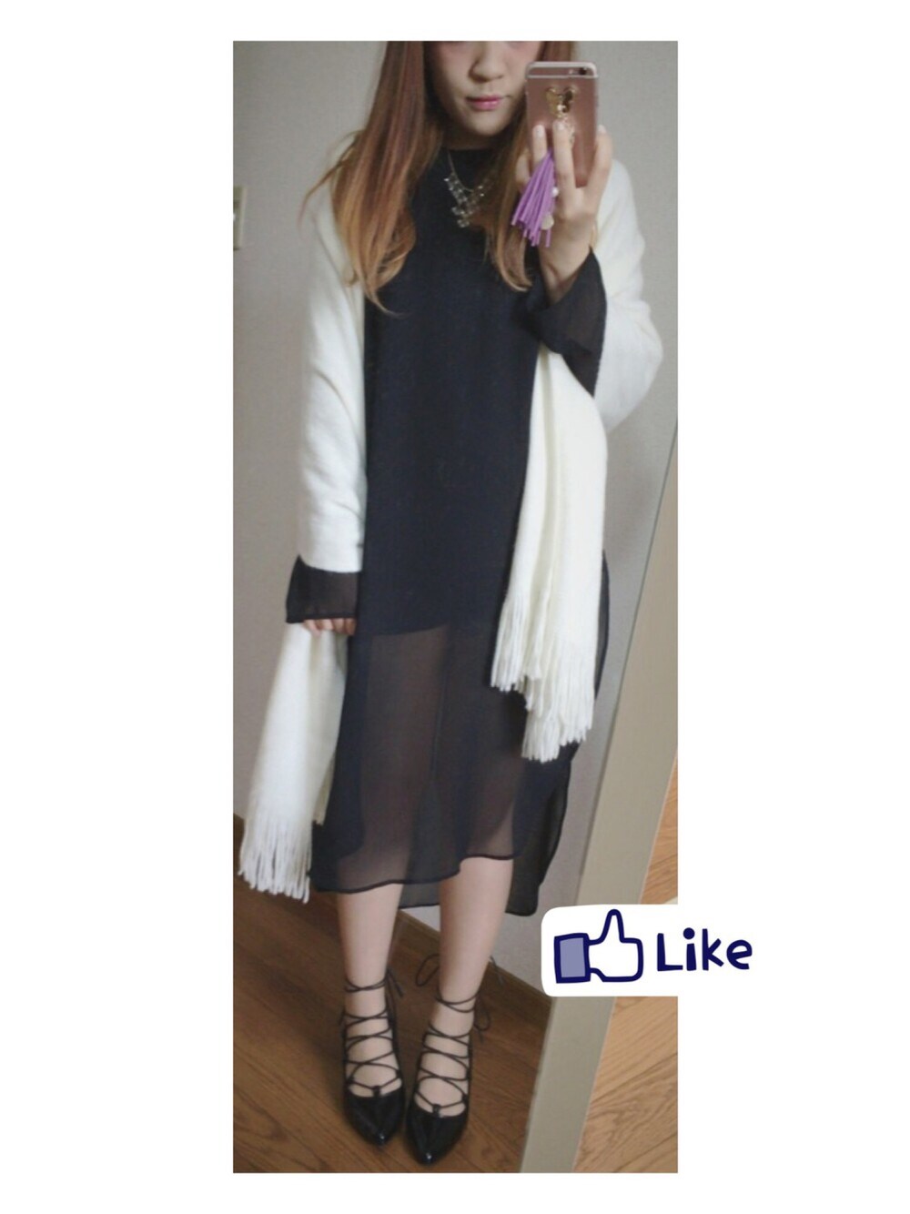 「ZARA、シフォンワンピース、スケスケ、夢展望、レースアップパンプス、oneway、ストール、ビジューネックレス、妊婦、妊娠5ヶ月」｜「ZARAのアイテム（ワンピース、ブラック系）」を使った、machirudaさん（レディース・150cm）の春コーディネートの1枚目の写真