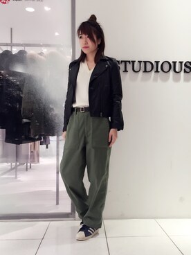 「STUDIOUS（ステュディオス）のアイテム（ライダースジャケット）」を使った、シバタさん（レディース・152cm）の冬コーディネート