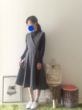 「サロペットスカート」｜「アイテム（その他シューズ）」を使った、ふわも子。さん（レディース・161cm）の秋コーディネート
