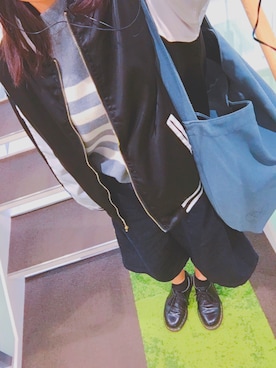 「ボーダーニット」｜「アイテム（スタジャン）」を使った、はるきちさん（レディース・152cm）の秋コーディネート