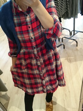 「アイテム（シャツワンピース、レッド系）」を使った、Bu---Koさん（レディース・155cm）の秋コーディネート