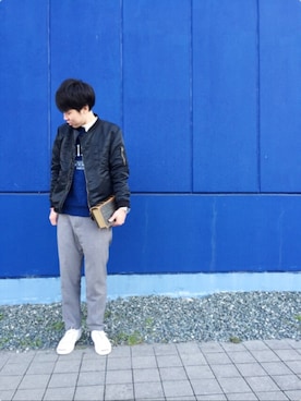 「ロゴニット」｜「アイテム（ブルゾン）」を使った、S.Yusuke さん（メンズ・176cm）の春コーディネート