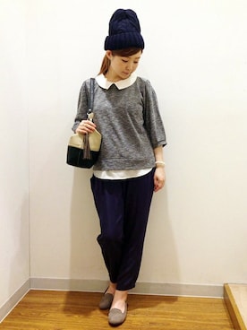 「襟付きトップス」｜「アイテム（ニットキャップ/ビーニー）」を使った、YUMIRUさん（レディース・155cm）の秋コーディネート