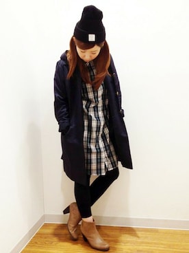 「チェックワンピース」｜「アイテム（ステンカラーコート）」を使った、YUMIRUさん（レディース・155cm）の秋コーディネート