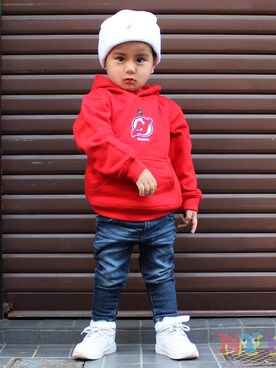 「KANGOL（カンゴール）のアイテム（ニットキャップ/ビーニー）」を使った、NYKIDS(エヌワイキッズ)さん（キッズ・90cm）の冬コーディネート