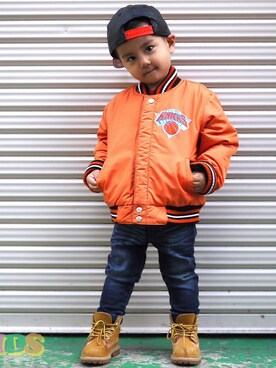 「アイテム（スタジャン、オレンジ系）」を使った、NYKIDS(エヌワイキッズ)さん（キッズ・90cm）の冬コーディネート