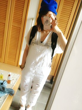 「白いスニーカー」｜「アイテム（サロペット/オーバーオール）」を使った、NANAH☻さん（レディース・157cm）の夏コーディネート