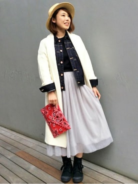 「LBC（エルビーシー）のアイテム（デニムジャケット）」を使った、LBC STAFFさん（レディース・158cm）の冬コーディネート