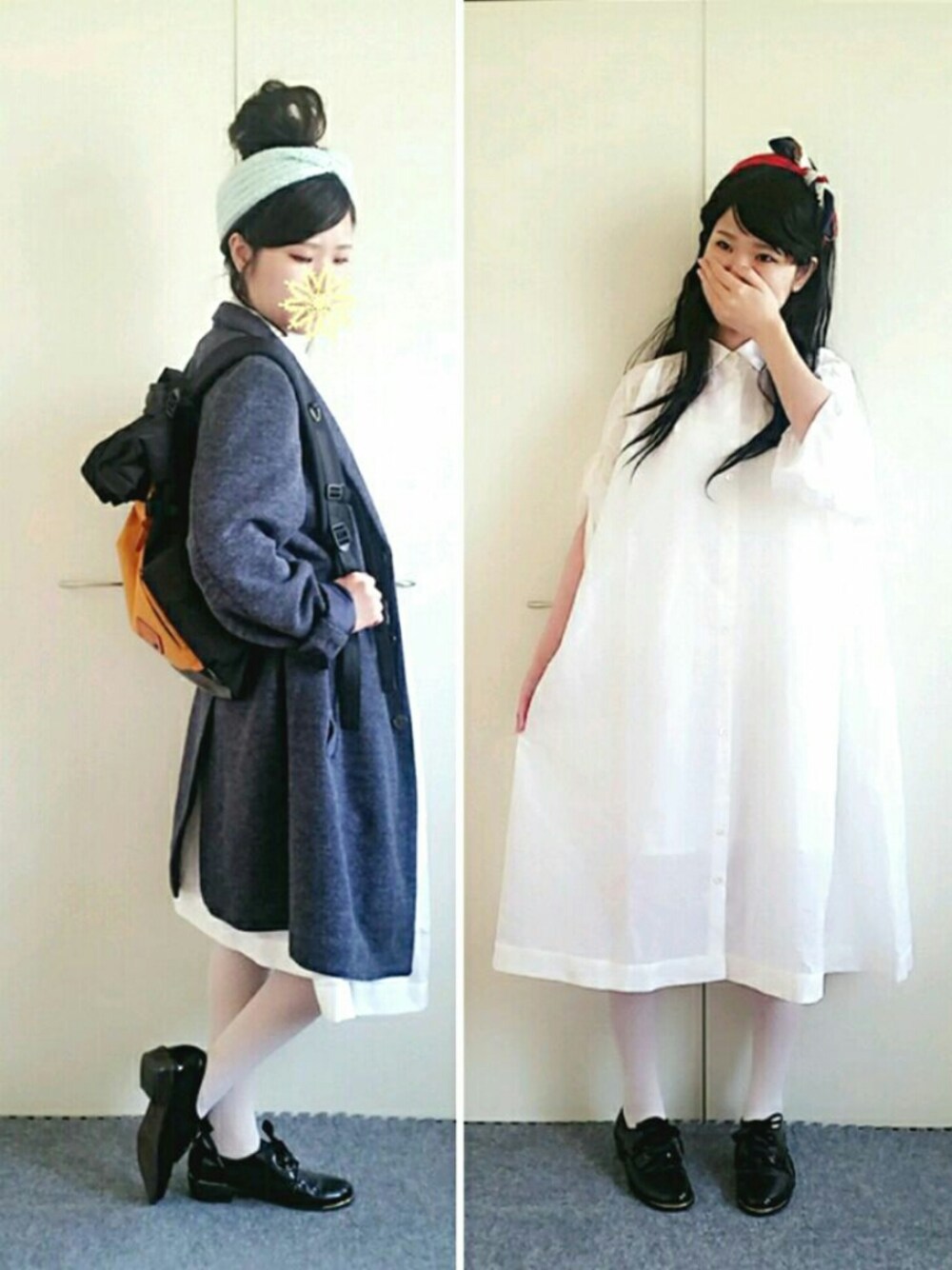 ブラック系のその他シューズ、ブルー系のチェスターコート、ホワイト系のワンピースを着用したレディースの春コーディネートの1枚目の写真