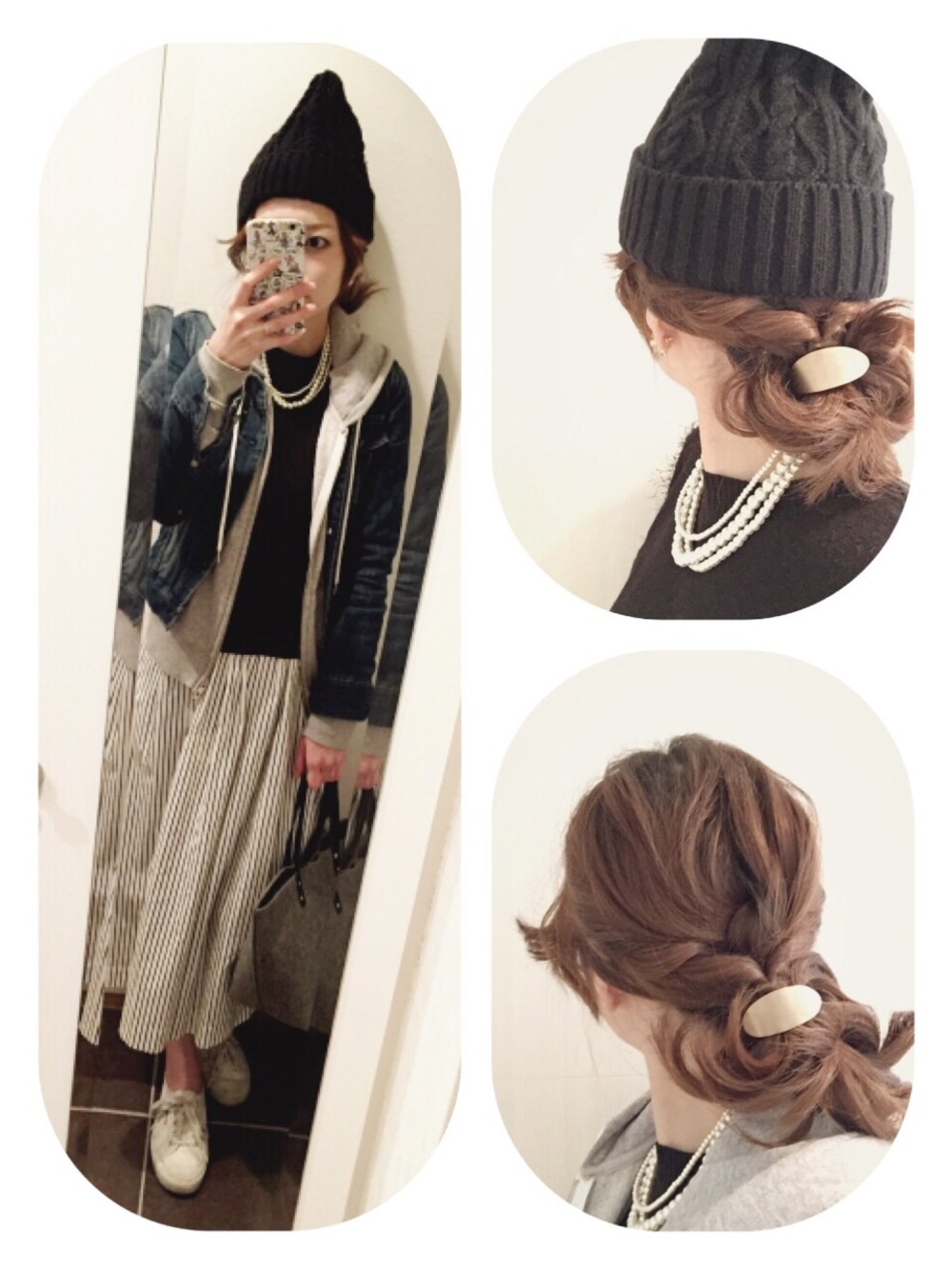 デニムジャケット、ホワイト系のパンツ、グレー系のバッグを着用したレディースの春コーディネートの1枚目の写真