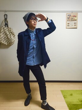 「アイテム（ステンカラーコート）」を使った、Yoooさん（メンズ・177cm・10代）の冬コーディネート