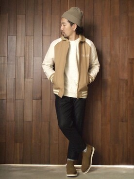 「BLUE BLUE（ブルーブルー）のアイテム（スタジャン）」を使った、akira yaoさん（メンズ・173cm）の秋コーディネート