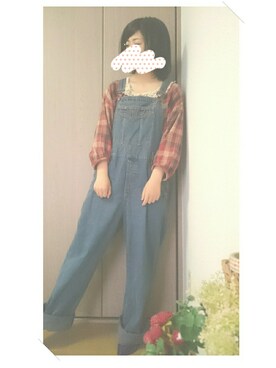 「赤チェック」｜「アイテム（オールインワン・サロペット）」を使った、るぅ子さん（レディース・152cm）の夏コーディネート