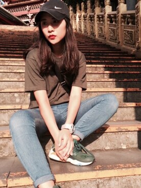 「UNIQLO（ユニクロ）のMEN ドライカラークルーネックT（半袖）（Tシャツ/カットソー、グリーン系）」を使った、Célineさん（レディース・150cm）の秋コーディネート