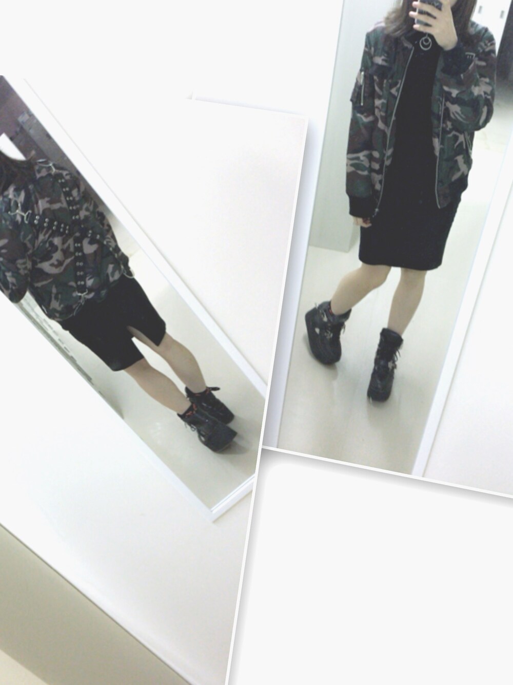 「GLAD NEWS、ハーネス、迷彩、MA-1、タイトスカート、YOSUKE」｜「GLADNEWSのアイテム（ナイロンジャケット、グリーン系）」を使った、あさん（レディース・165cm）の秋コーディネートの1枚目の写真