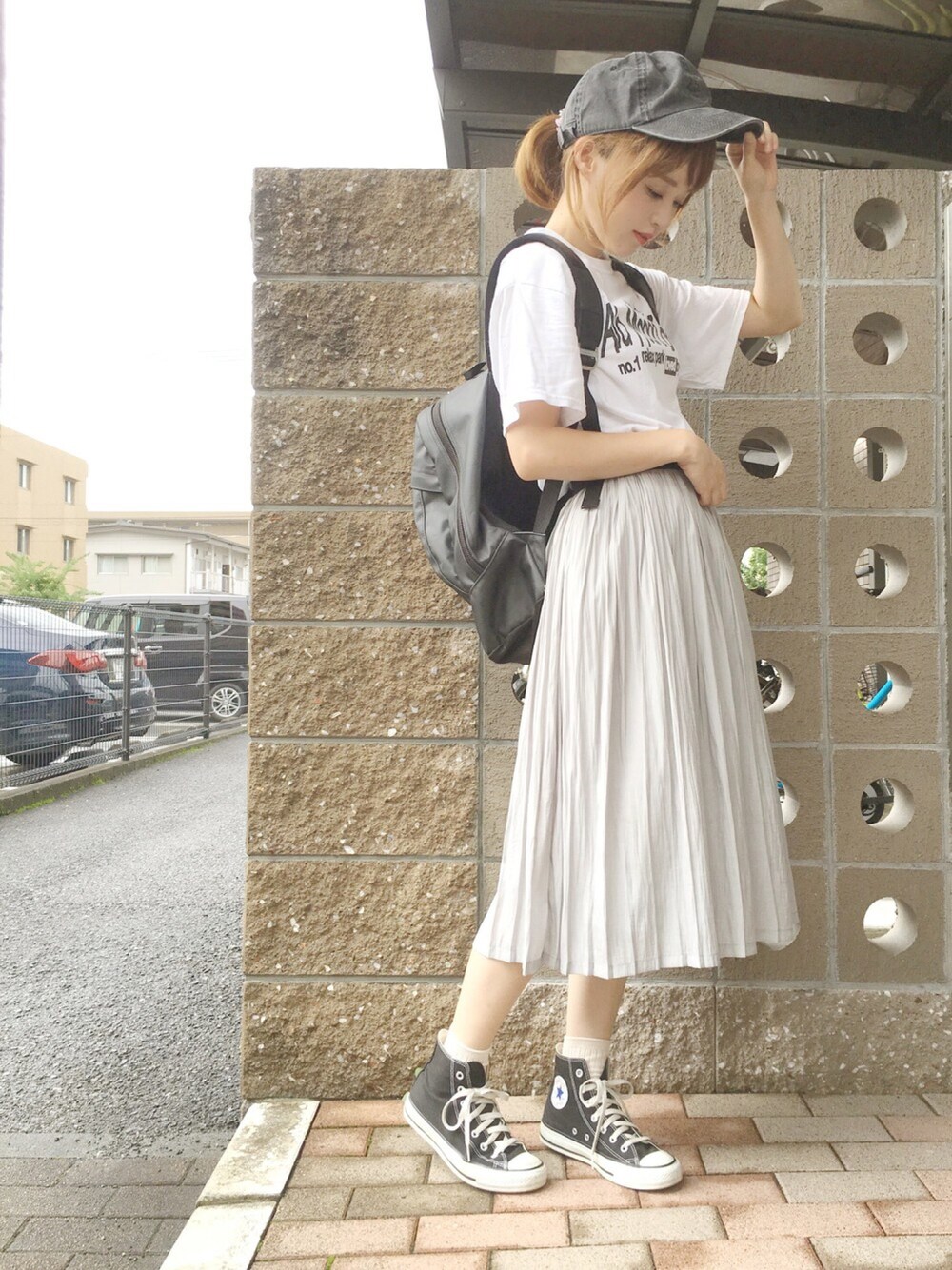 「ラクチンコーデ、夏、カジュアル、白Tシャツ、スニーカー」｜「GOOD ROCK SPEEDのアイテム（Tシャツ/カットソー、ホワイト系）」を使った、てらさん（レディース・161cm）の夏コーディネートの1枚目の写真