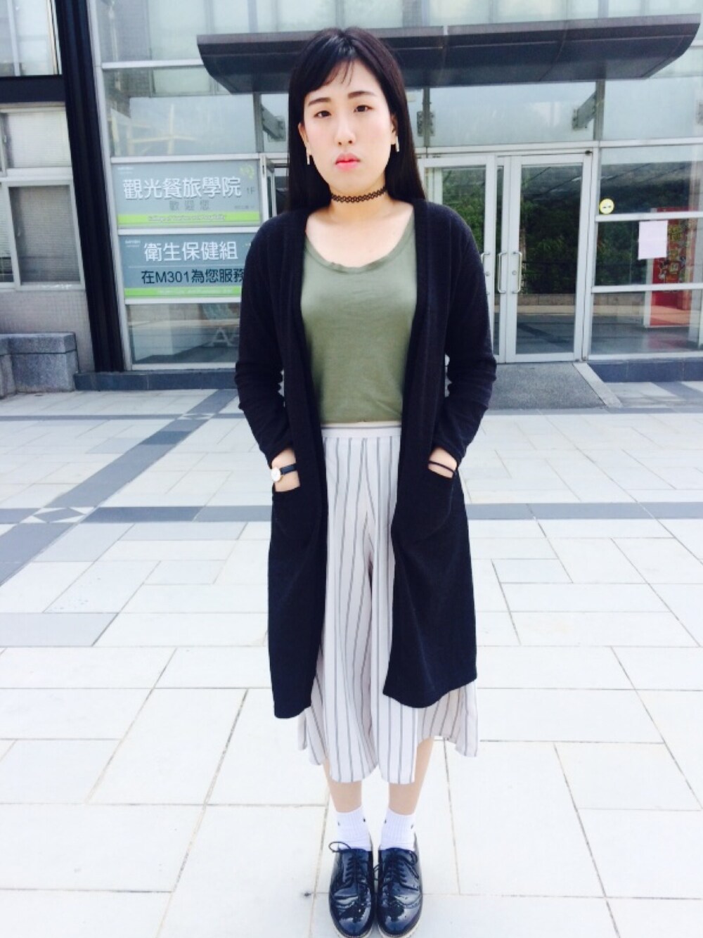 「ootd、outfit、school、GU、choker、girl」｜「FOREVER 21のアイテム（イヤーマフ、その他）」を使った、Luさん（レディース・166cm）の秋コーディネートの1枚目の写真