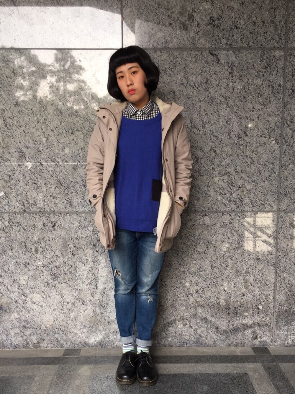 「UNIQLO、ZARA、Timberland、DrMartens、ootd、outfit、school」｜「Dr. MartensのDr.Martens ドクターマーチン 1461Z 3EYE GIBSON SHOE 3ホール ギブソン シューズ 11838002 BLACK（ブーツ、ブラック系）」を使った、Luさん（レディース・166cm）の冬コーディネートの1枚目の写真