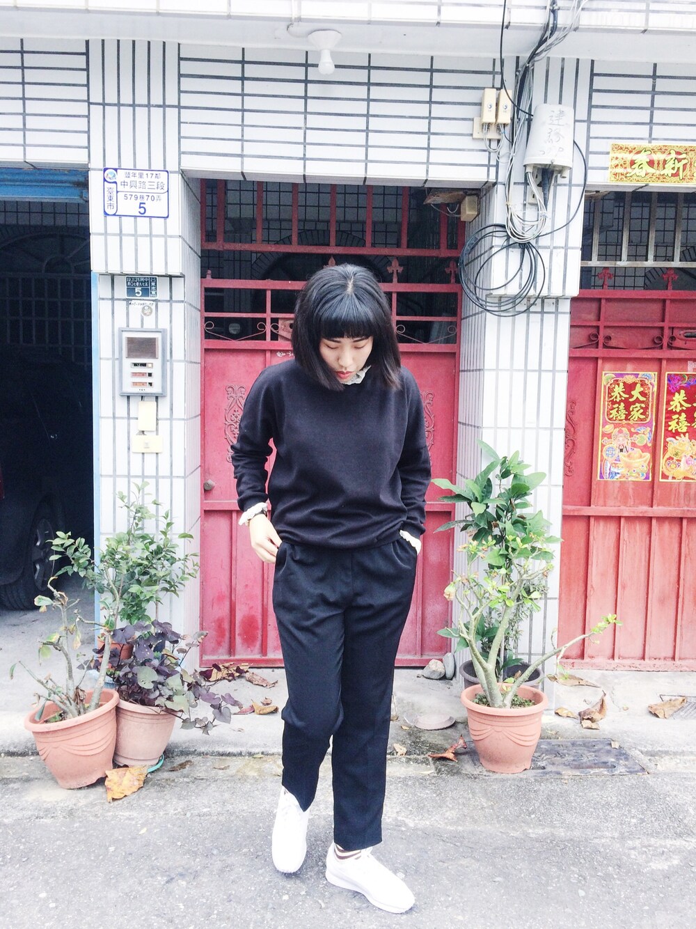 「PUMA、outfit、Åland、ootd、black and white」｜「Ålandのアイテム（トップス、ブラック系）」を使った、Luさん（レディース・166cm）の冬コーディネートの1枚目の写真