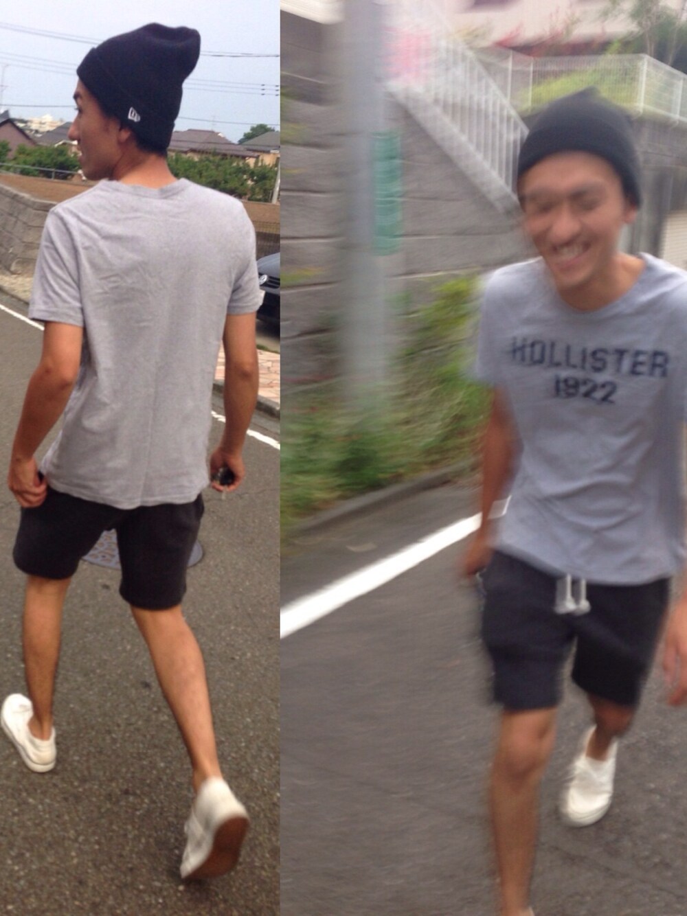 「H&M、NEW ERA、ビーニー、HOLLISTER、ホリスター」｜「ホリスター USED Tシャツ（Tシャツ/カットソー、グレー系）」を使った、natsunaさん（メンズ・180cm）の夏コーディネートの1枚目の写真