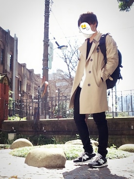 「ルームウェア」｜「アイテム（トレンチコート）」を使った、ぱやてぃさん（メンズ・174cm）の春コーディネート
