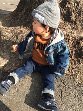 「petit main（プティマイン）のロゴデザイン裏起毛トレーナー（スウェット）」を使った、michelさん（キッズ・80cm）の冬コーディネート