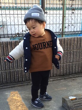 「petit main（プティマイン）のロゴデザイン裏起毛トレーナー（スウェット）」を使った、michelさん（キッズ・80cm）の冬コーディネート