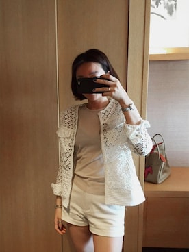 「アイテム（ノーカラージャケット、ホワイト系）」を使った、LITTLEBLACKさん（レディース・162cm）の夏コーディネート