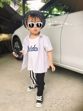 「H&M（エイチ・アンド・エム）のアイテム（シャツ/ブラウス、ホワイト系）」を使った、mili❁¨̮さん（キッズ・90cm）の夏コーディネート