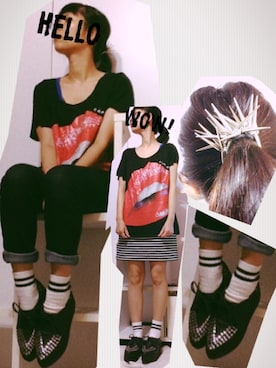 「ROSE BUD（ローズバッド）の(CAPTURE) 5710T-S BIG MOUTH OVERSIZED-T（Tシャツ/カットソー、ブラック系）」を使った、sanさん（レディース・148cm）の夏コーディネート