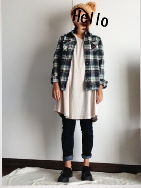 「RNA-N（アールエヌエーエヌ）のL8817 オパールWASHオーバーT（Tシャツ/カットソー、グレー系）」を使った、sanさん（レディース・148cm）の秋コーディネート