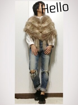 「ROSE BUD（ローズバッド）のRABBIT RACCOON FRINGE PONCHO（ポンチョ、ブラウン系）」を使った、sanさん（レディース・148cm）の冬コーディネート