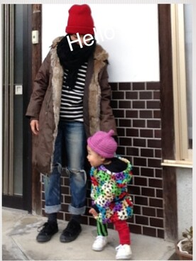 「UNIQLO（ユニクロ）のボーダーカットソー（Tシャツ/カットソー、ブラック系）」を使った、sanさん（レディース・148cm）の冬コーディネート