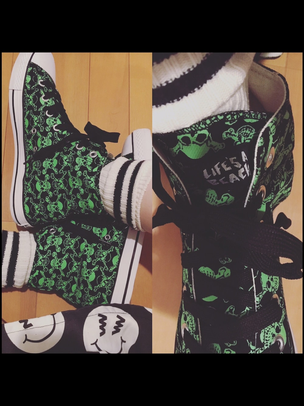 グリーン系のスニーカーを着用したレディースの春コーディネートの1枚目の写真