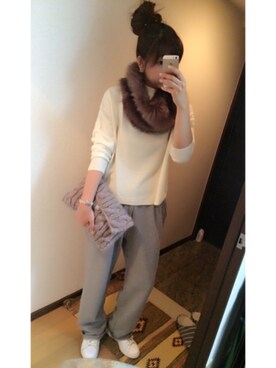 「渋め洋品店のアイテム（ストール/ショール、ブラウン系）」を使った、Jさん（レディース・168cm）の秋コーディネート