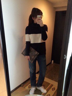 「TODAYFUL（トゥデイフル）のハイネックボーダーニット（ニット/セーター、ブルー系）」を使った、Jさん（レディース・168cm）の秋コーディネート