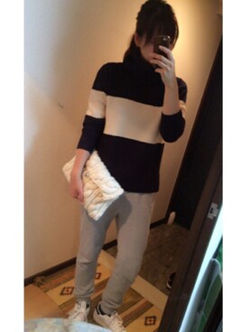 「TODAYFUL（トゥデイフル）のハイネックボーダーニット（ニット/セーター、ブルー系）」を使った、Jさん（レディース・168cm）の秋コーディネート