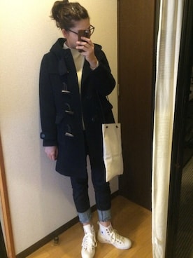 「Ray BEAMS（レイビームス）の□Ray BEAMS / ヘリンボーンロングダッフル（ダッフルコート、ブルー系）」を使った、Jさん（レディース・168cm）の冬コーディネート